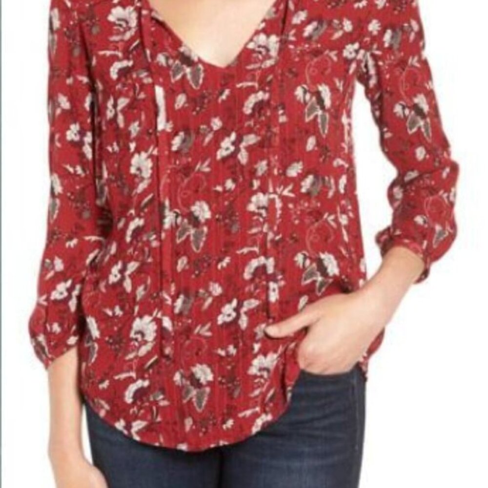 Hinge Nordstrom Red Floral 3/4 Sleeve Flowy Women's Blouse Top Size Medium